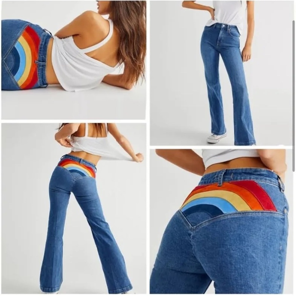 Free People Somewhere Over Rainbow Jeans bell bottom flare pants NEW size 31
